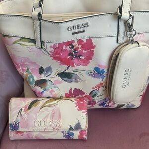 Guess Floral Tote and Wallet Set - White and Pink